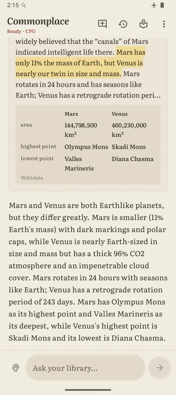 An answer that compares Mars and Venus, with a Wikidata table of area, highest point and lowest point